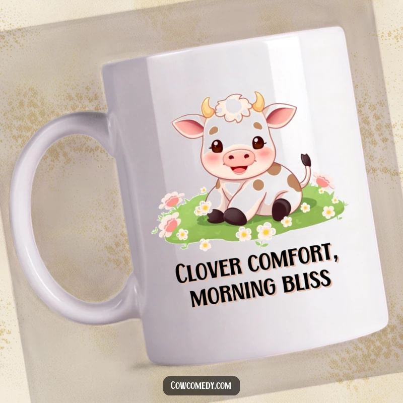 Funny mug featuring a very small cow with its eyes closed, joyfully rolling over and over in a lush green field of clover.