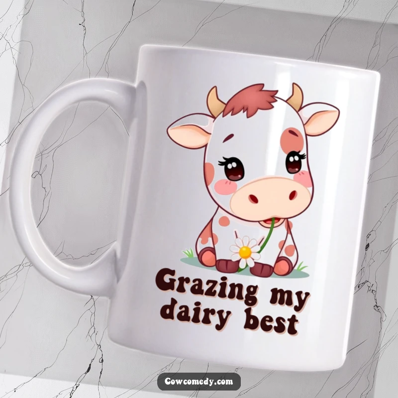 Funny mug featuring a cute, spotted cow with a daisy in its mouth, looking happy and content, a perfect gift.