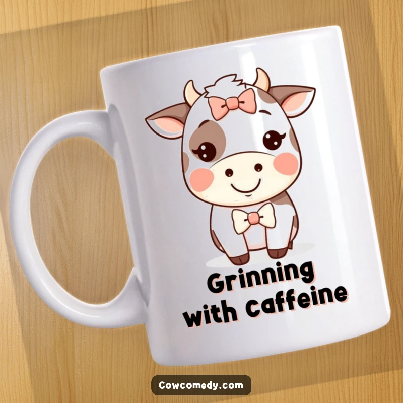 Funny Kawaii cow mug featuring a cow with a wide, happy grin and a comically silly bow on its head.