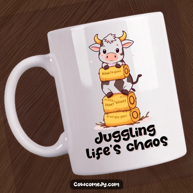 Funny Kawaii Cow Mug: A kawaii cow hilariously balances a tall stack of hay bales, a comical and funny gift.