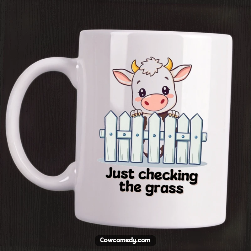 Funny cow mug with a curious expression caught peeking over a stylized picket fence, bringing farm humor to life.