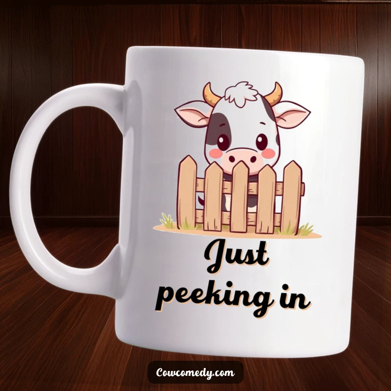 Funny kawaii cow mug with a cute cow peeking playfully over a miniature cartoon fence, evoking a sense of gentle surprise and charm.