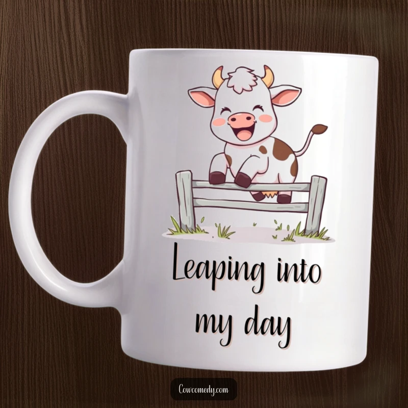 Funny mug showing a joyful cow leaping over a small fence with a big moo, full of energy and fun, a great gift.