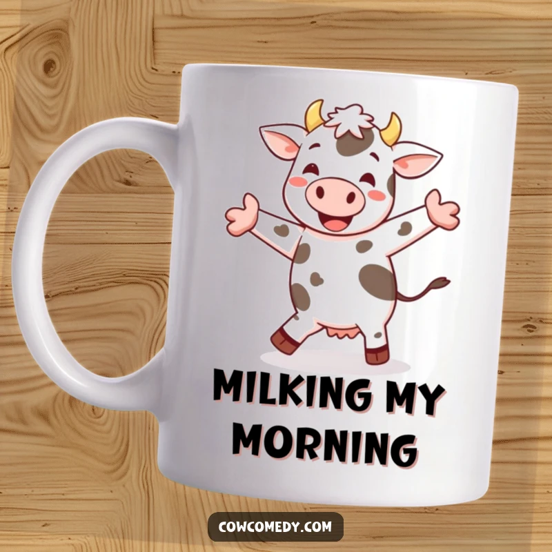 Funny cheerful cow jig mug showing a spotted cow happily dancing and performing a little jig with pure joy.