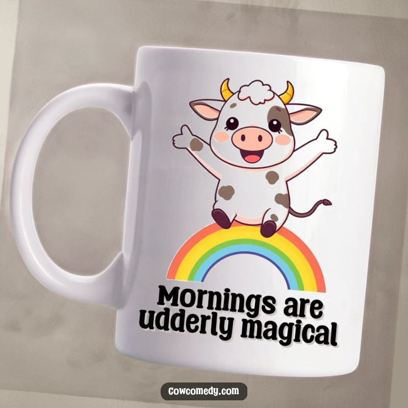 Funny cheerful cow leaping over a small rainbow with arms outstretched, conveying joy and optimism on a mug.