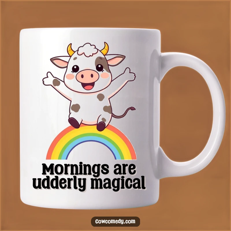 Funny Leaping Cow Mug: Spread Joy Over Rainbows, a Perfect Funny Gift for Optimists