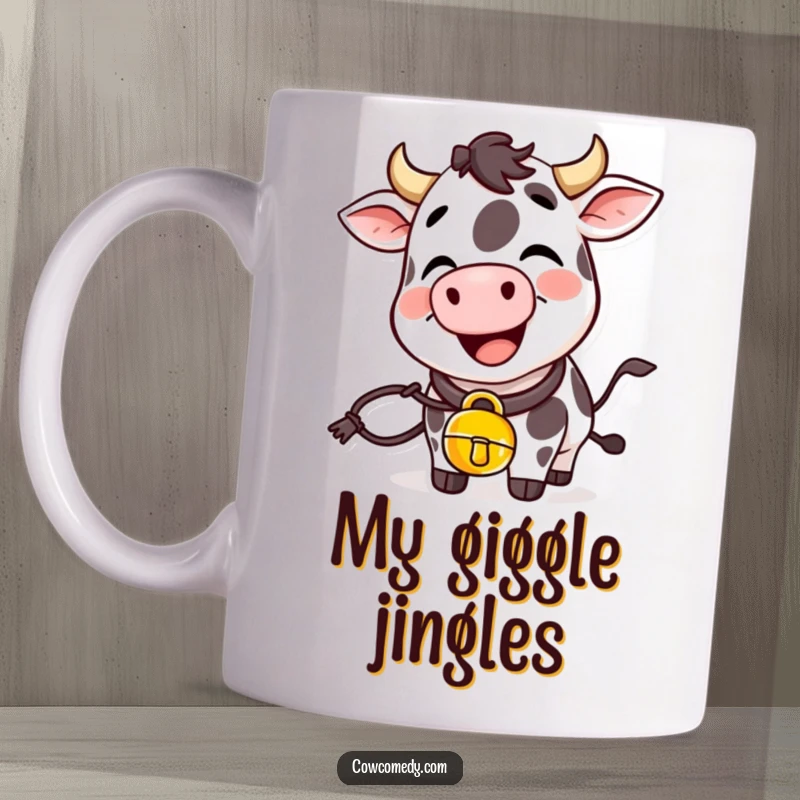 Funny giggling cow mug with a cowbell around its neck, ringing joyfully, bringing smiles and cheerful vibes.