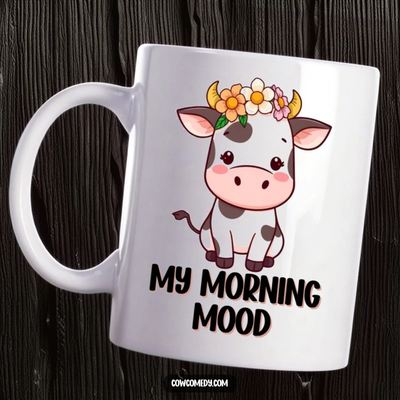 Funny Kawaii Cow Mug with a Flower Crown. Adorable cartoon cow balancing a floral headdress, radiating cuteness and joy for screen readers.