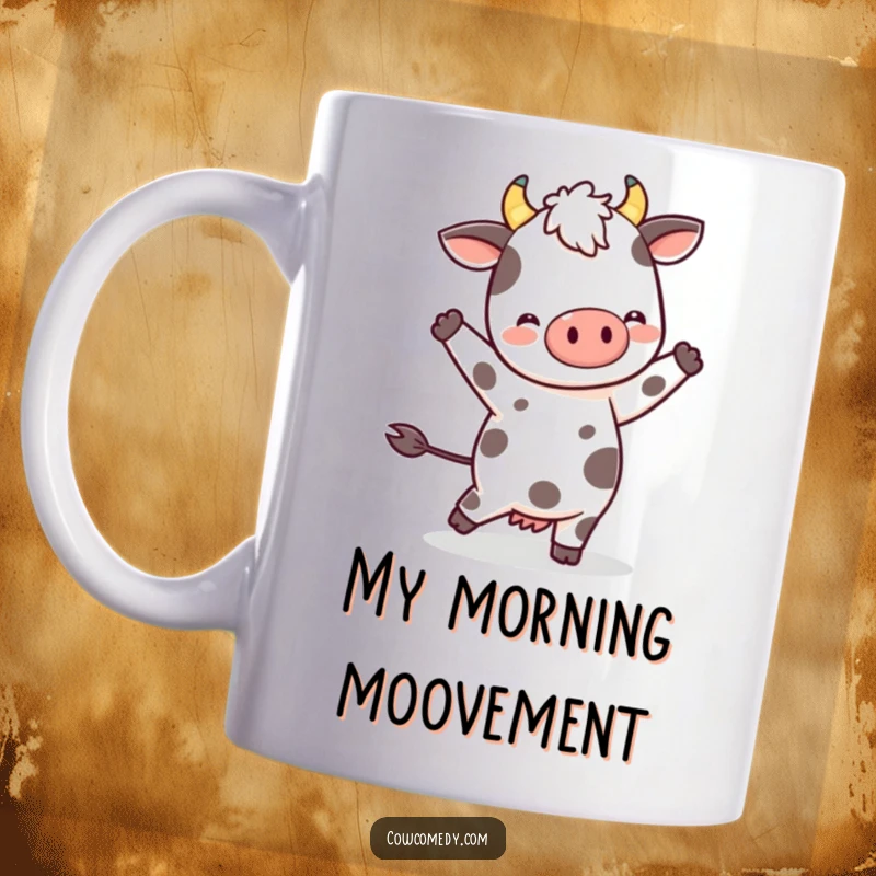 Funny Kawaii Dancing Cow Mug featuring a spotted character gracefully performing a gentle, joyful dance, bringing happiness and charm.