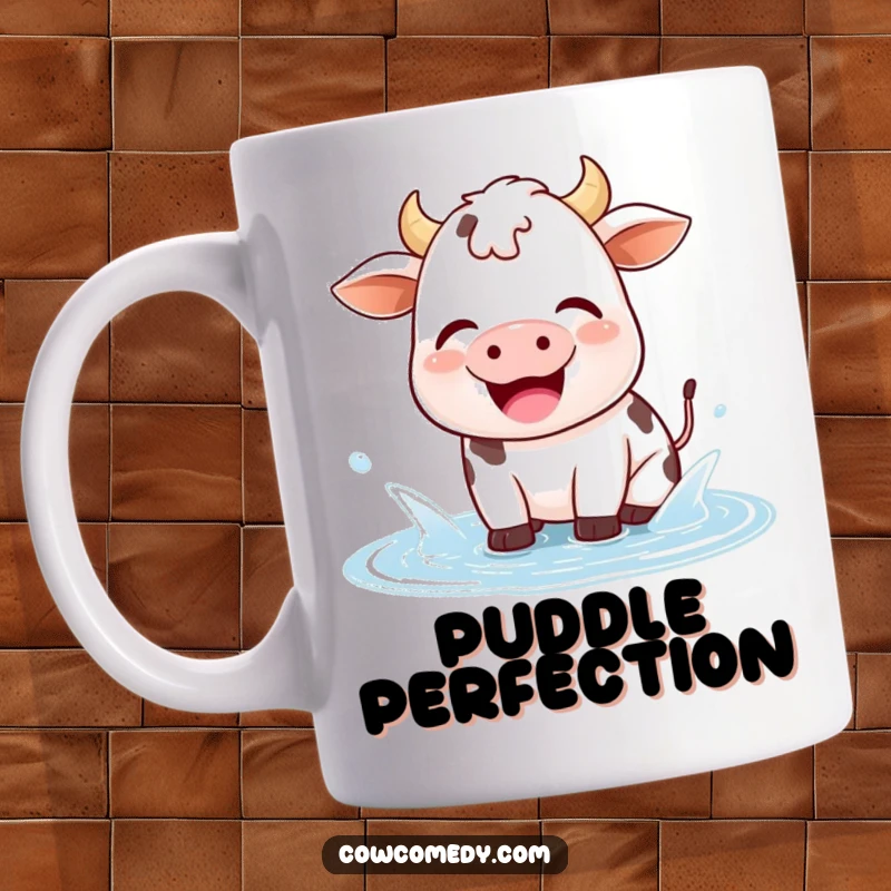 Funny kawaii cow mug showing a happy cow joyfully splashing in a small puddle with a contented sigh, radiating pure bliss.