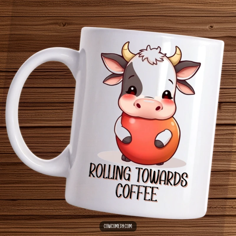 Funny mug featuring a curious cow playfully nudging a large, round apple that is rolling. A humorous and charming farm scene.
