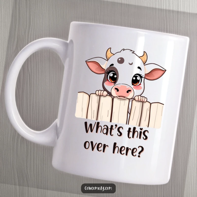 Funny curious cow mug with wide eyes, peeking over a fence, capturing a moment of gentle inquiry.