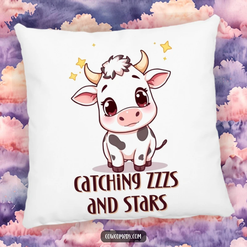Funny decorative pillow with a cute cow, big wondering eyes, actively trying to catch sparkling falling stars in a celestial scene.