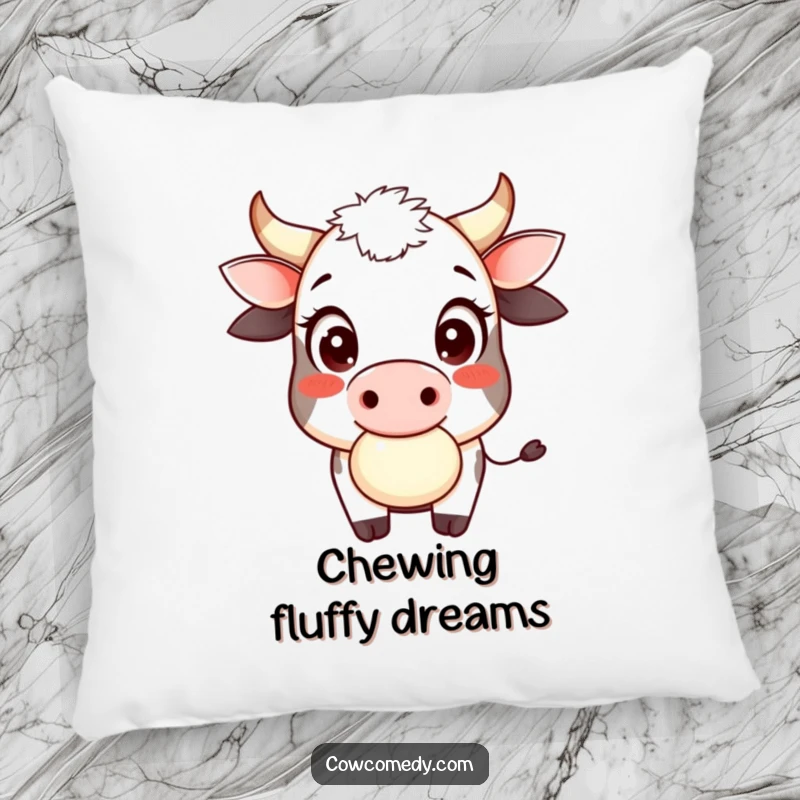 Funny cow cud chewer pillow with a smiling cow, big innocent eyes, playfully chewing cud, offering cozy farm humor.