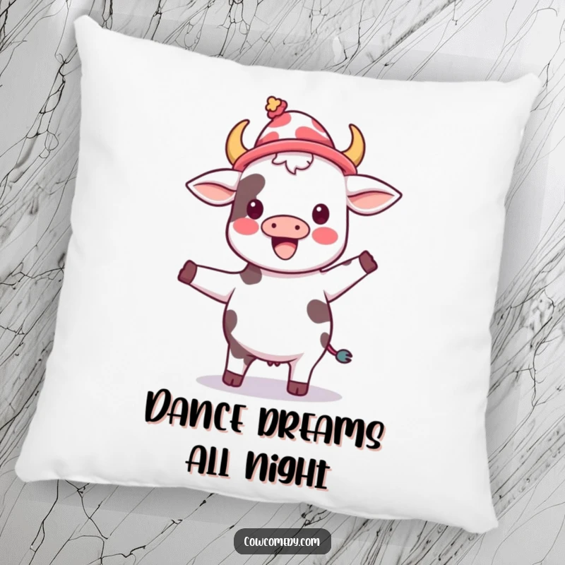 Funny kawaii cow wearing a silly hat, joyfully dancing, depicted on a soft, plush pillow, radiating pure delight.