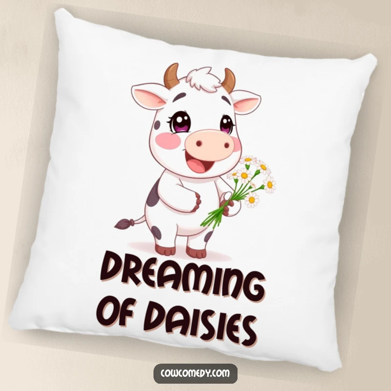 Funny Happy Cow Throw Pillow: a cheerful cow character presenting a small bouquet of daisies, offering comfort and a touch of sweet humor.