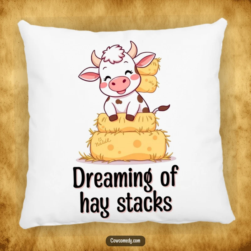 Funny pillow illustration of a giggling cow looking stressed but amused, trying to keep a wobbly stack of hay bales upright. Soft and funny.