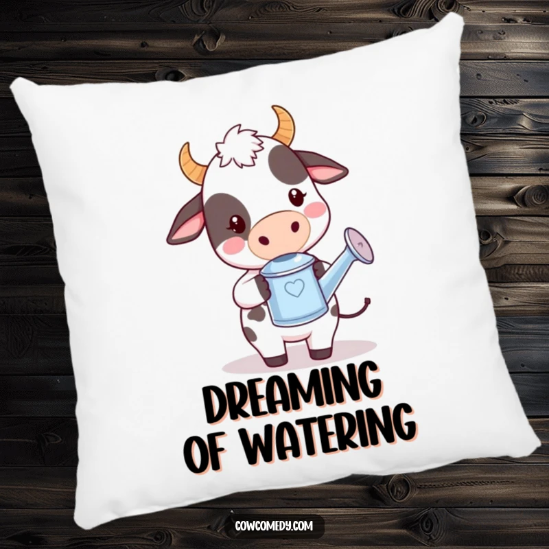 Funny kawaii cow pillow with a cute cow holding a tiny watering can, embodying a playful and nurturing spirit.