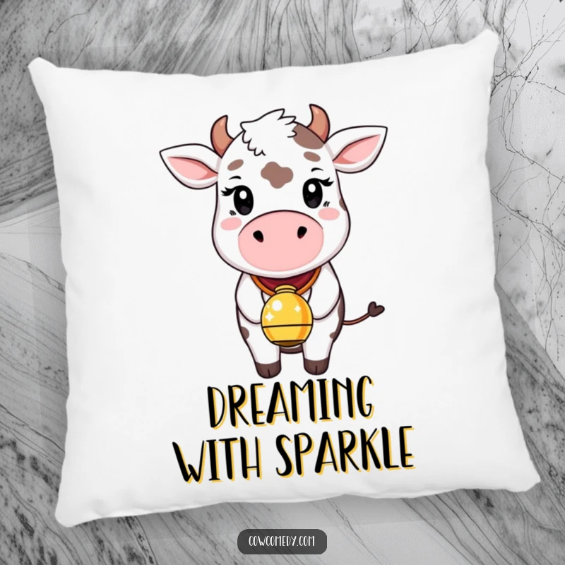 Funny pillow illustration of a whimsical cow with its eyes closed in contentment, wearing a bell that glows with soft, sparkling light. Cozy and enchanting.