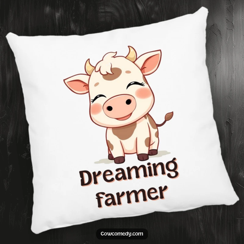 Funny pillow with a serene cow, eyes closed, enjoying a gentle breeze, offering comfort and a touch of humor, great gift.