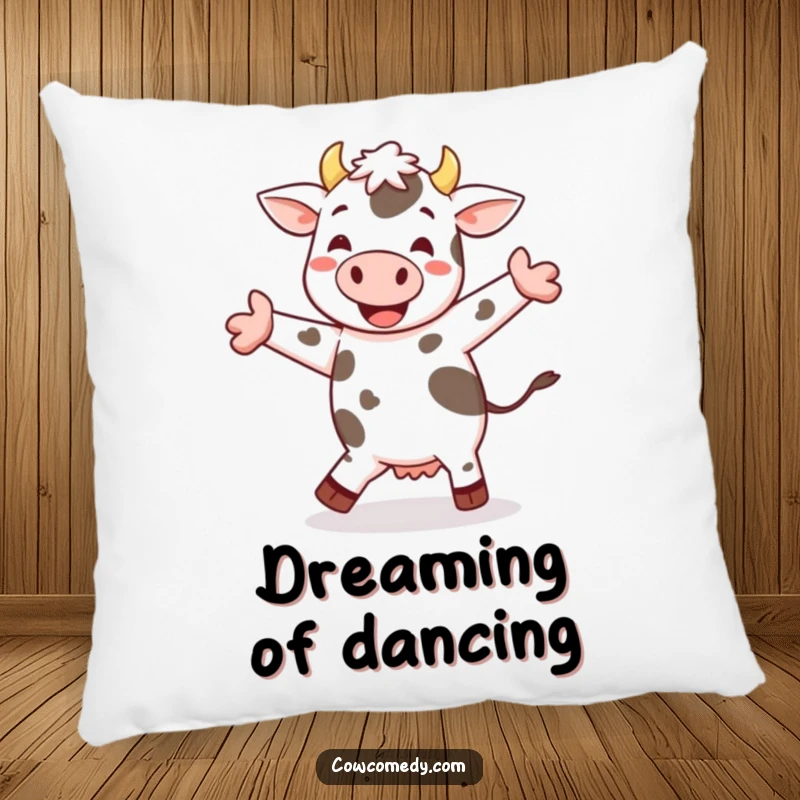 Funny cheerful cow jig pillow with a spotted cow happily dancing and performing a little jig, offering cozy cheer and fun.
