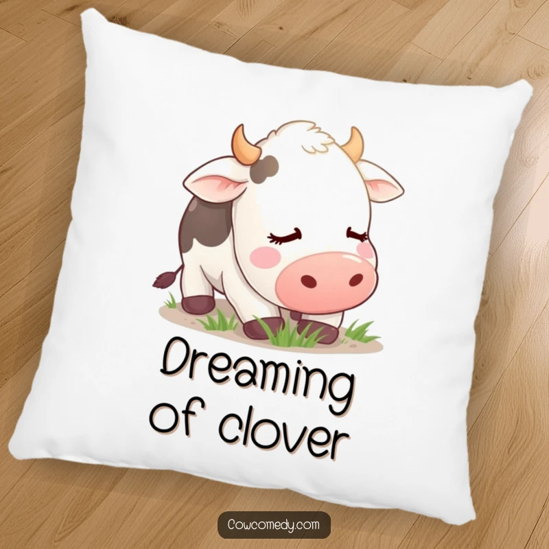 Funny Pillow featuring a soft, contented cow with closed eyes, peacefully grazing, offering comfort and humorous charm.