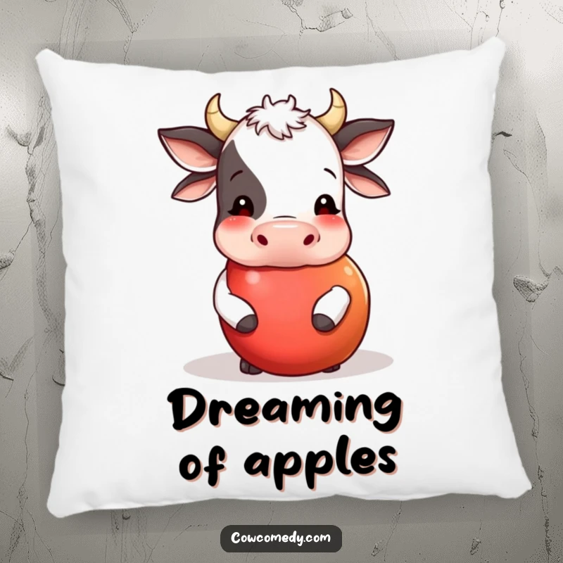 Funny pillow featuring a cow nudging a large, round apple that is rolling. Soft, decorative, and humorous accent for relaxation.