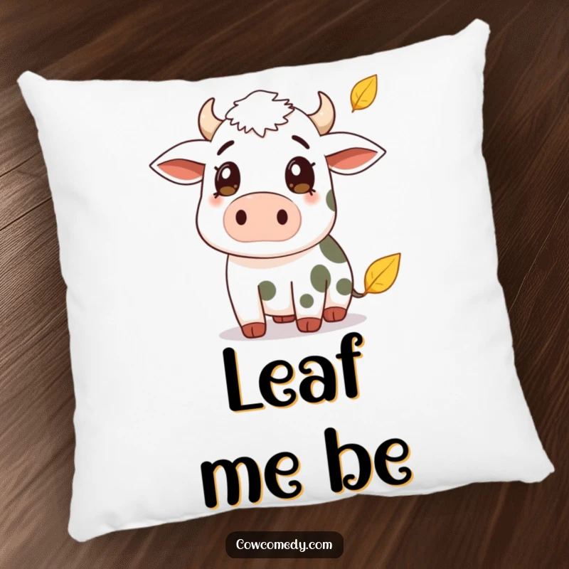 Funny pillow featuring a cow with a surprised expression watching a falling leaf. Soft, decorative, and humorous accent for relaxation.
