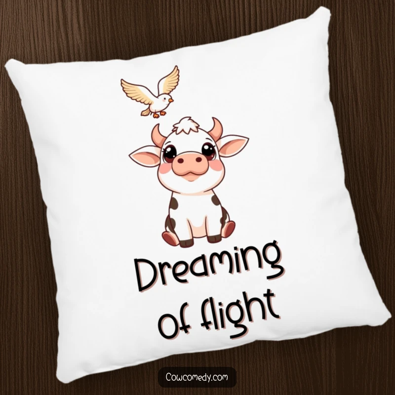 Funny pillow featuring a cow with wide, friendly eyes looking up at a bird. Soft, decorative, and humorous accent for any room.
