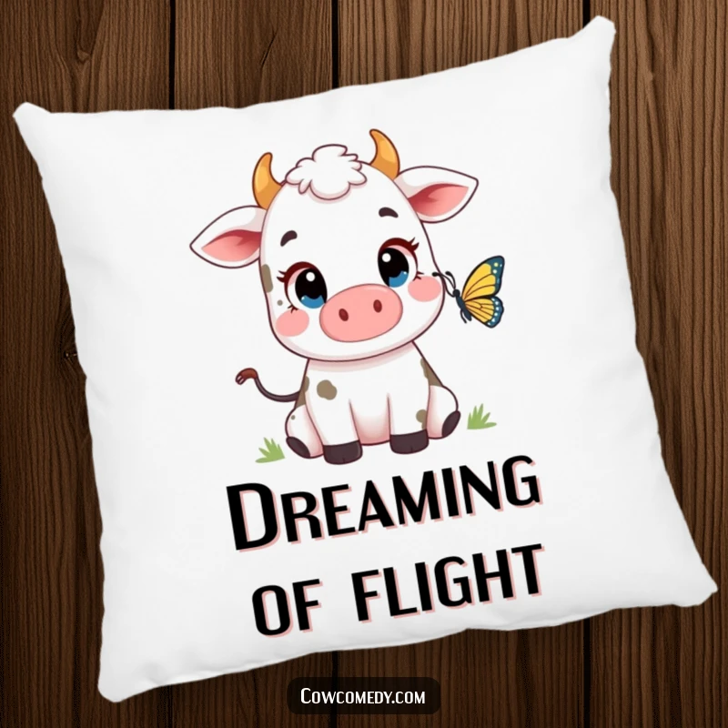 Funny Cow Butterfly Throw Pillow: a cute cow with wide eyes watching a butterfly, offering comfort and a touch of whimsical fascination.