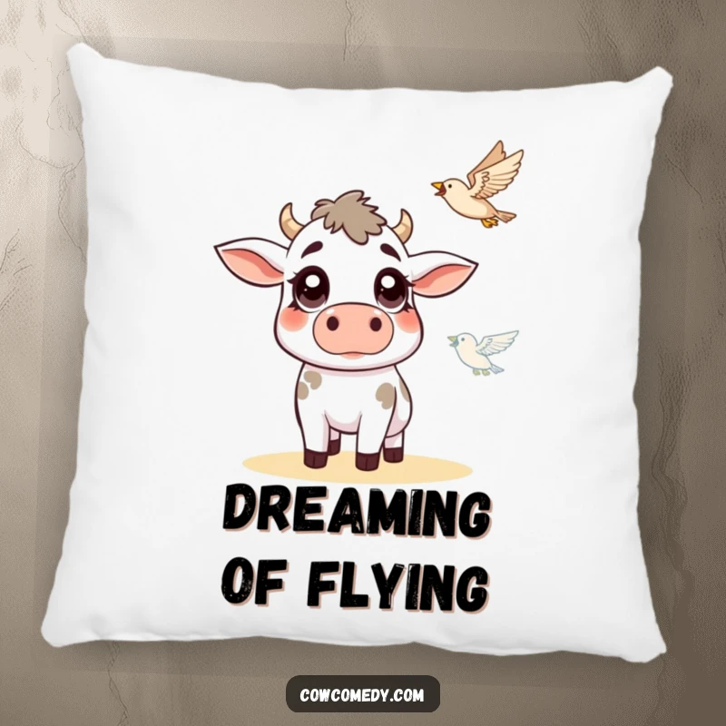 Funny cow pillow showing a cow with wide, surprised eyes looking at a flying bird, offering comfort and farmyard humor.