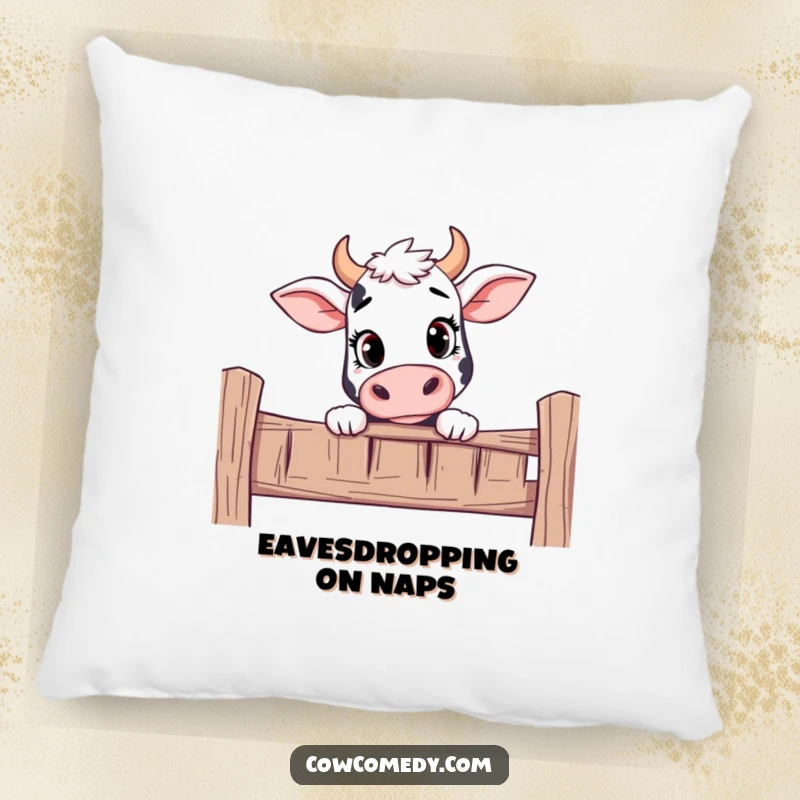 Funny decorative pillow with a curious cow peeking over a fence with an inquisitive look.