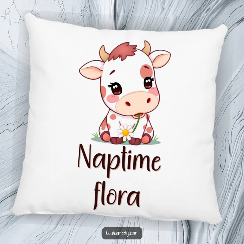 Funny pillow with a cute spotted cow happily chewing a daisy, providing comfort and a touch of farmyard humor, great gift.