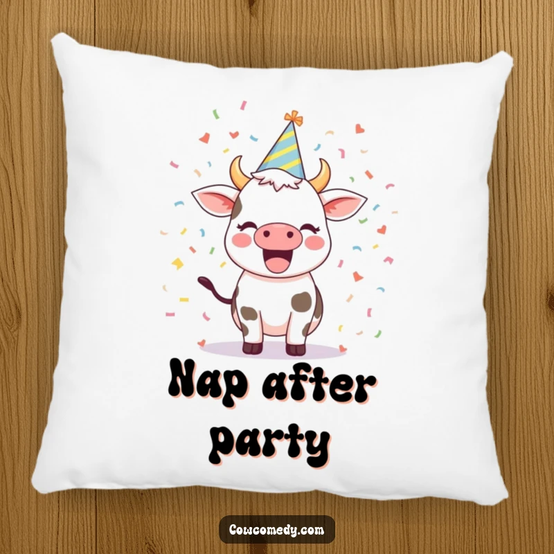 Funny pillow with an excited cow wearing a party hat amidst falling confetti, a soft and humorous decorative accent.