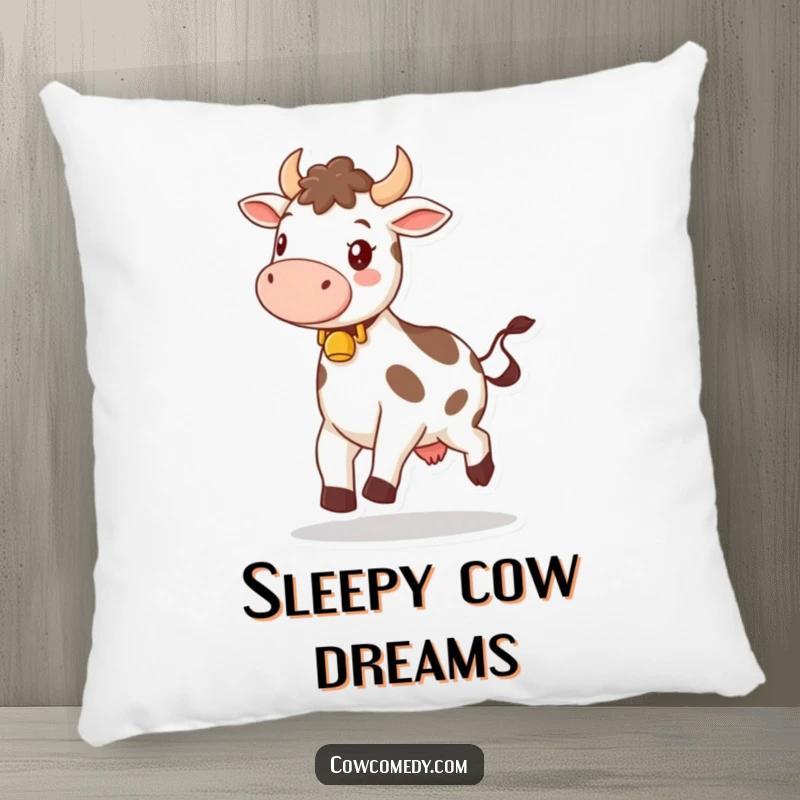 Funny pillow design of a happy cow wearing a bell, skipping merrily, adding a touch of whimsical cheer and humor to any room.