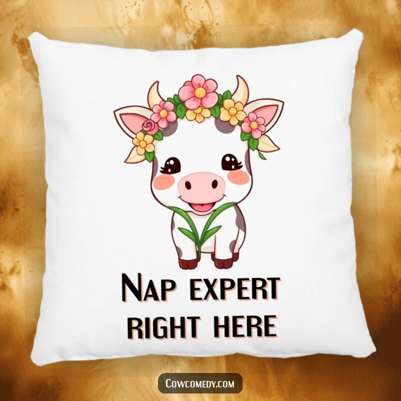 Funny Kawaii Cow Pillow: A smiling cow in a flower garland happily chews grass, a plush and funny gift.
