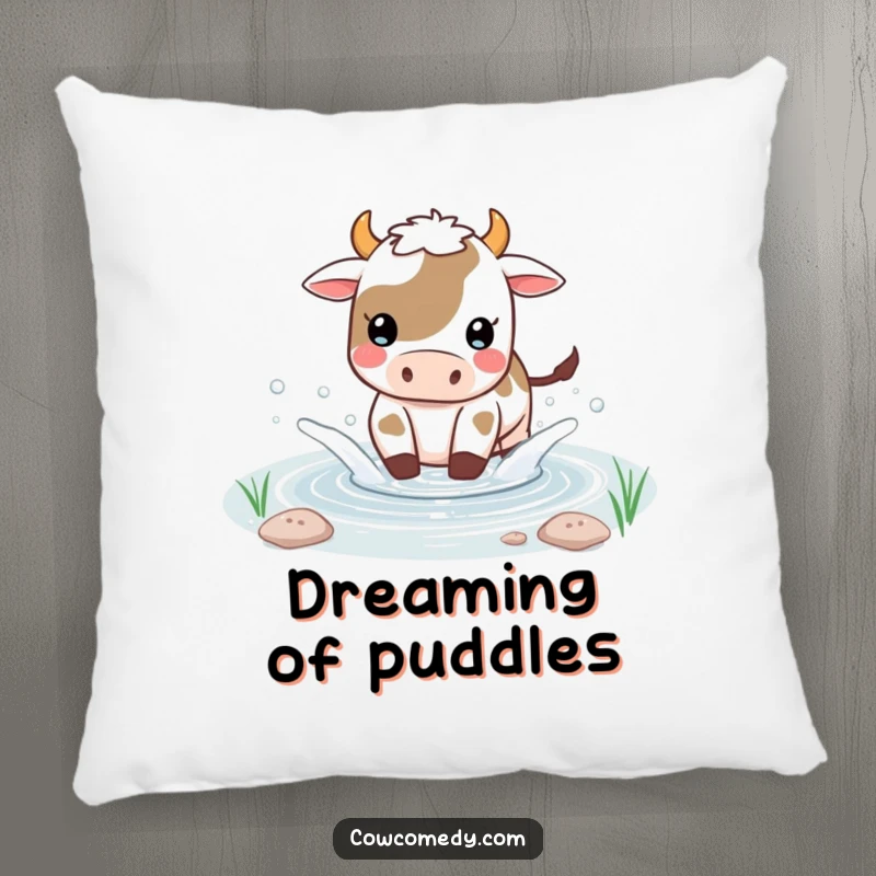 Funny Kawaii cow pillow featuring a happy cow splashing water in a small pond, bringing cozy fun.