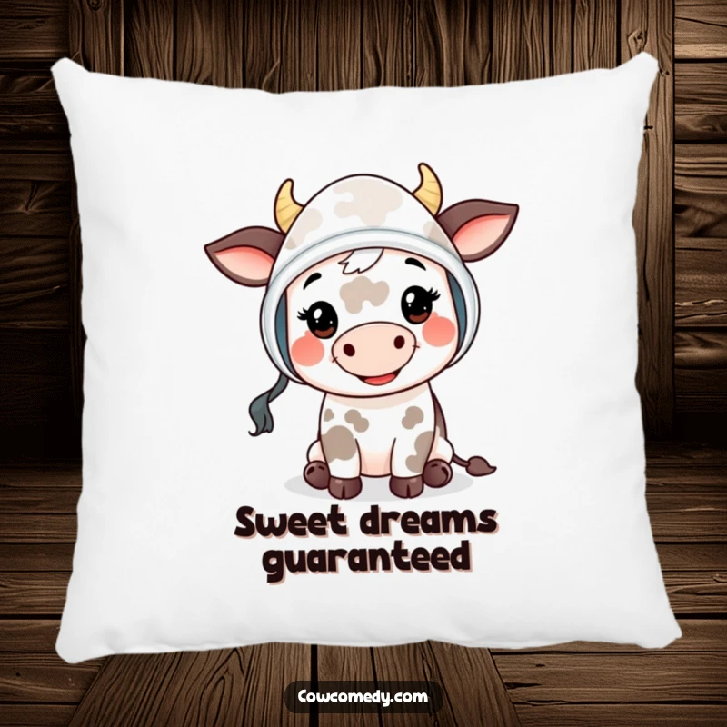 Funny Mooing Cow Kid Throw Pillow: a cute cow child in a bonnet smiling and offering a friendly 'moo', providing comfort and charm.