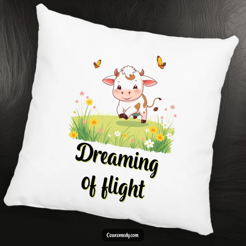 Funny playful cow pillow featuring a cow chasing a butterfly, soft and decorative, bringing meadow charm indoors.