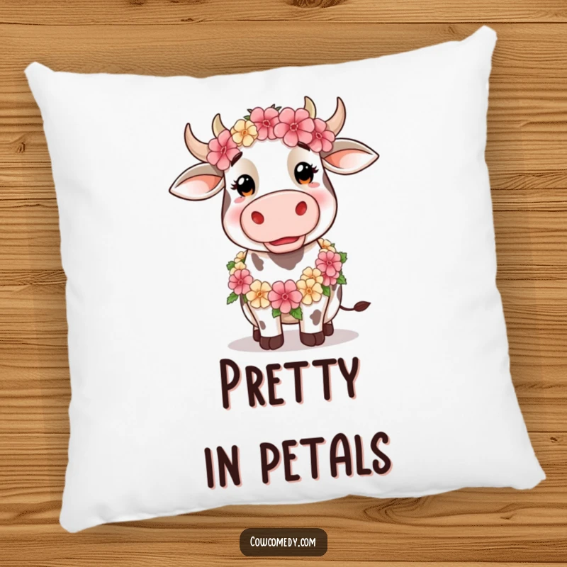 Funny Pillow featuring a silly cow adorned with a floral garland, offering cozy comfort and whimsical, floral humor.
