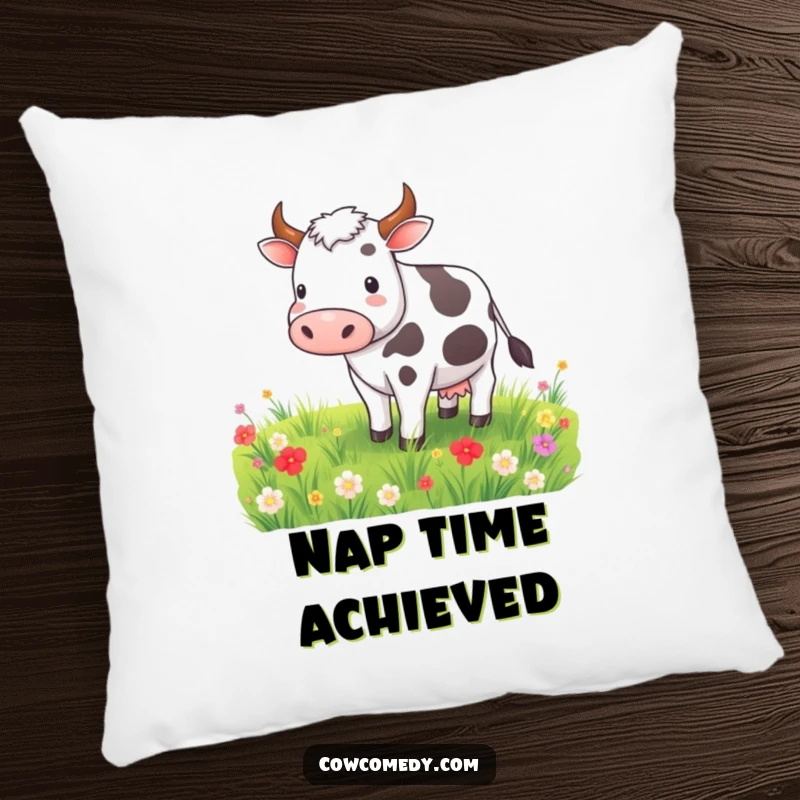 Funny decorative pillow featuring a contented cow grazing in a meadow, providing comfort and a touch of pastoral humor.