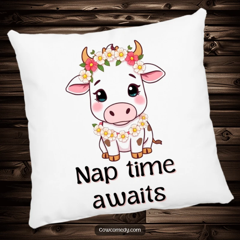 Funny Pillow with a gently looking cow wearing a flower garland, perfect for adding soft, charming, and funny decorative accents.