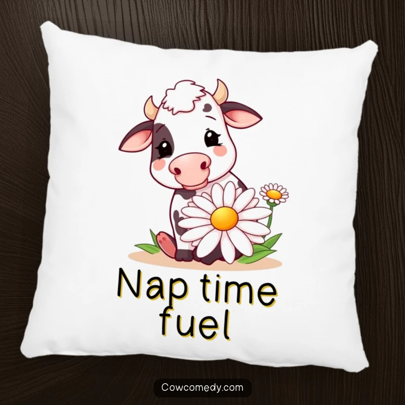 Funny pillow featuring a content cow enjoying a giant, stylized daisy. Soft, decorative, and humorous accent for any seating area.