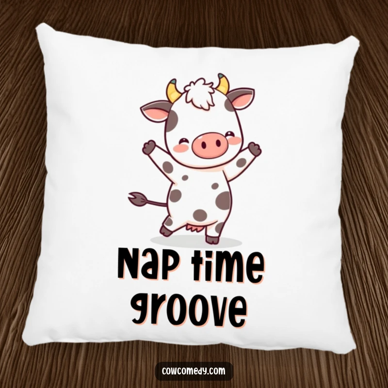 Funny Kawaii Cow Throw Pillow: a spotted character dancing merrily, providing comfort and a touch of lighthearted, humorous decoration.