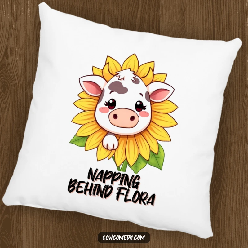 Funny Kawaii cow pillow with a shy smiling cow peeking from behind a big sunflower, perfect for cozy humor.