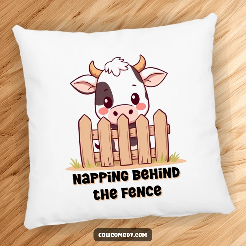 Funny kawaii cow pillow with a charming cow peeking over a tiny fence, perfect for adding a touch of whimsy to sofas.