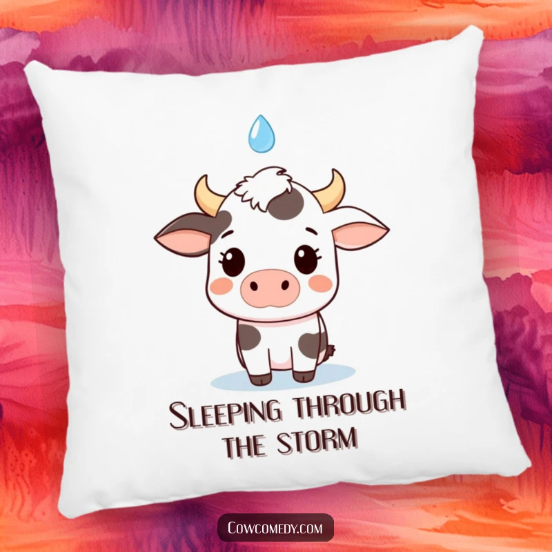Funny kawaii cow pillow, wide-eyed surprise at a falling raindrop, bringing cute and comical charm to home decor.