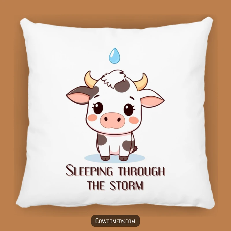Comforting funny kawaii cow pillow, a cozy gift for art fans, featuring a surprised cow and raindrop.