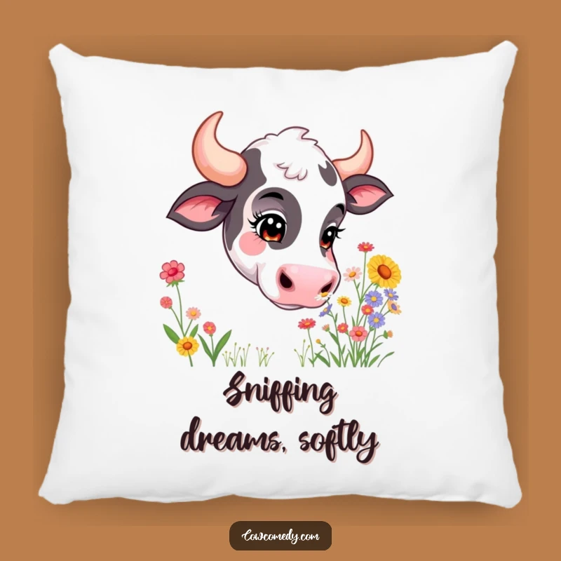 Funny Curious Cow Pillow: Wildflower Sniffing Comfort, Comfy Funny Gift