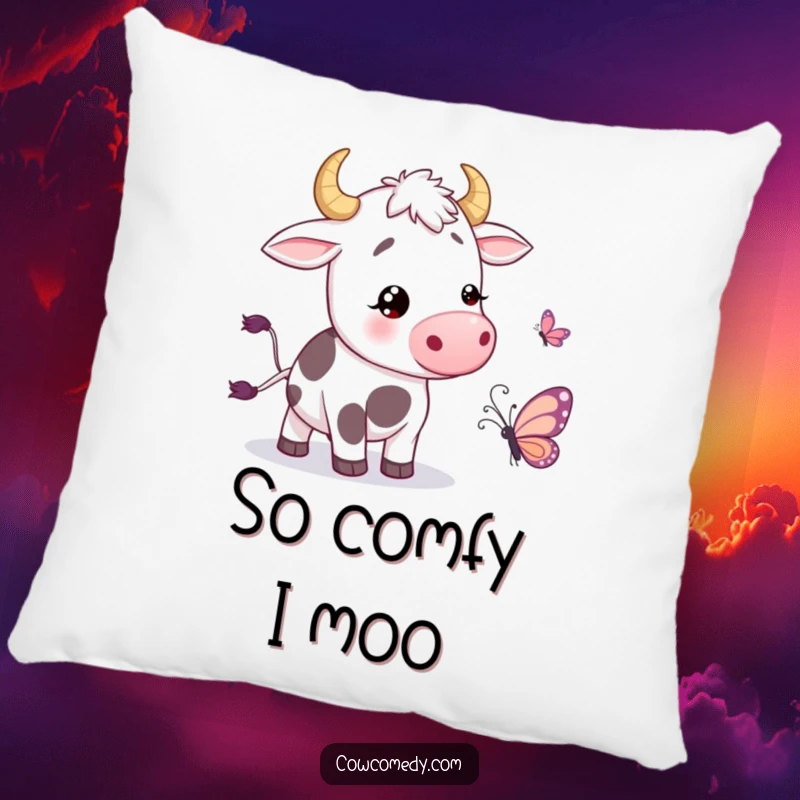 Funny Pillow with a cow wiggling its tail in amusement near a cartoon butterfly, perfect for adding a touch of playful comfort.